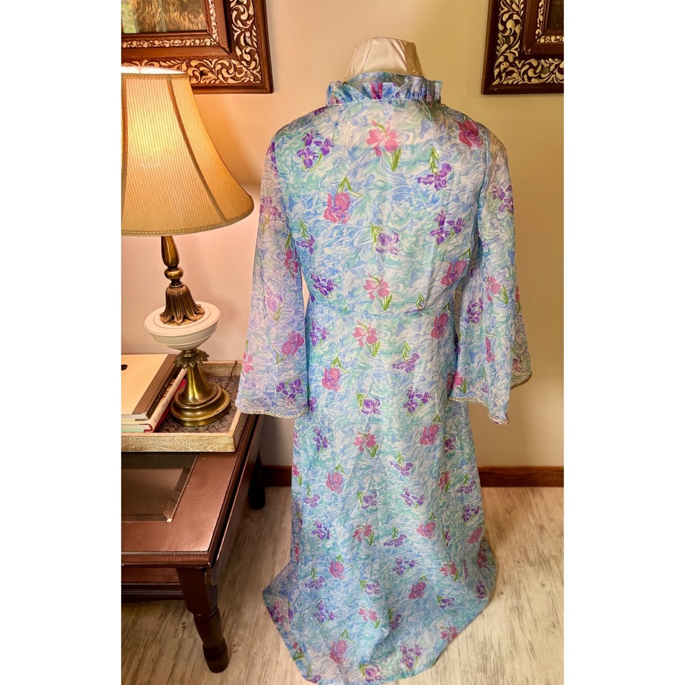 Vintage‎ 60s Mad Men flower Dress Set, Sheer Layered Gown Bell Sleeve S/M - Picture 14 of 16